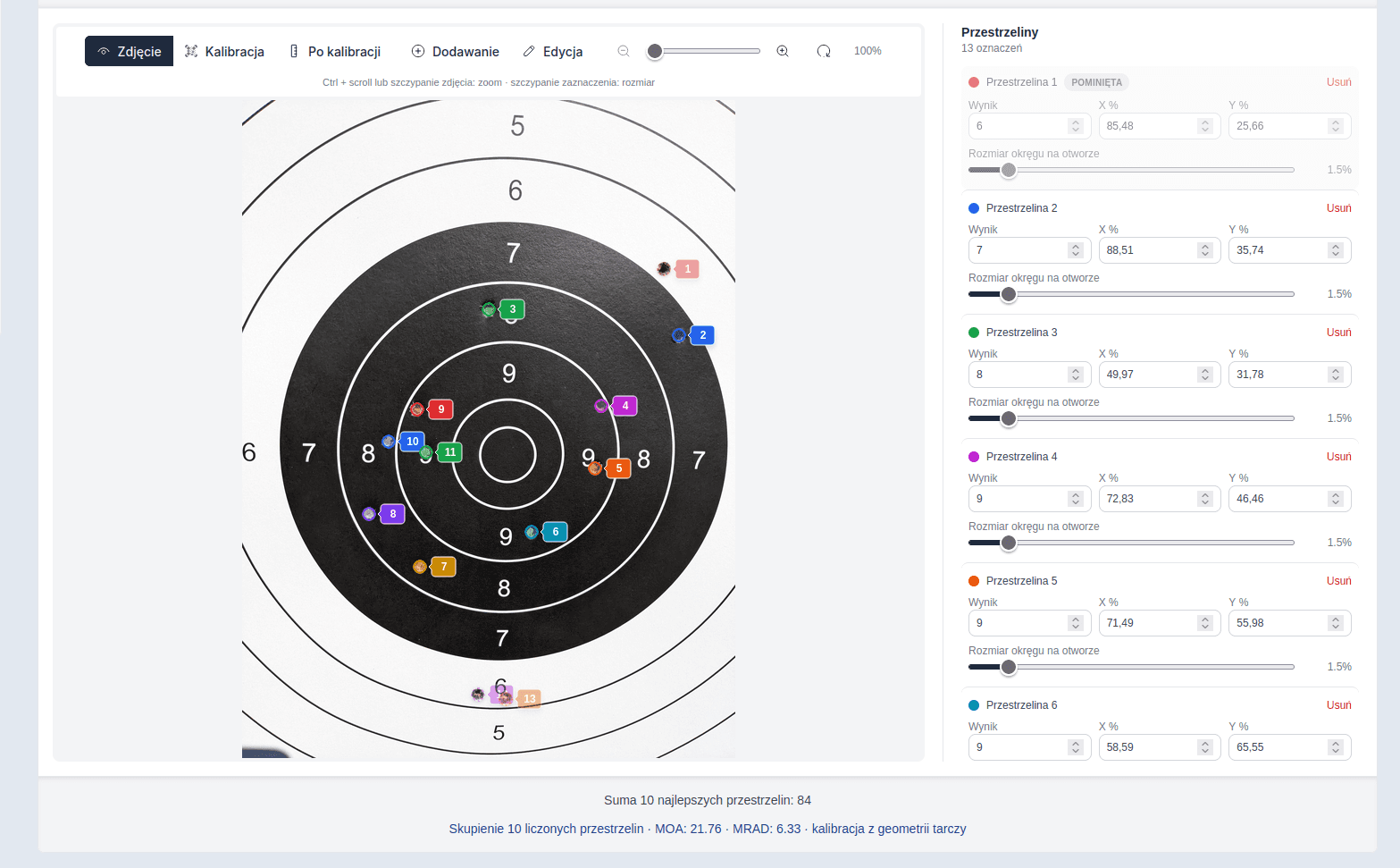 Analiza zdjęcia tarczy z oznaczonymi przestrzelinami